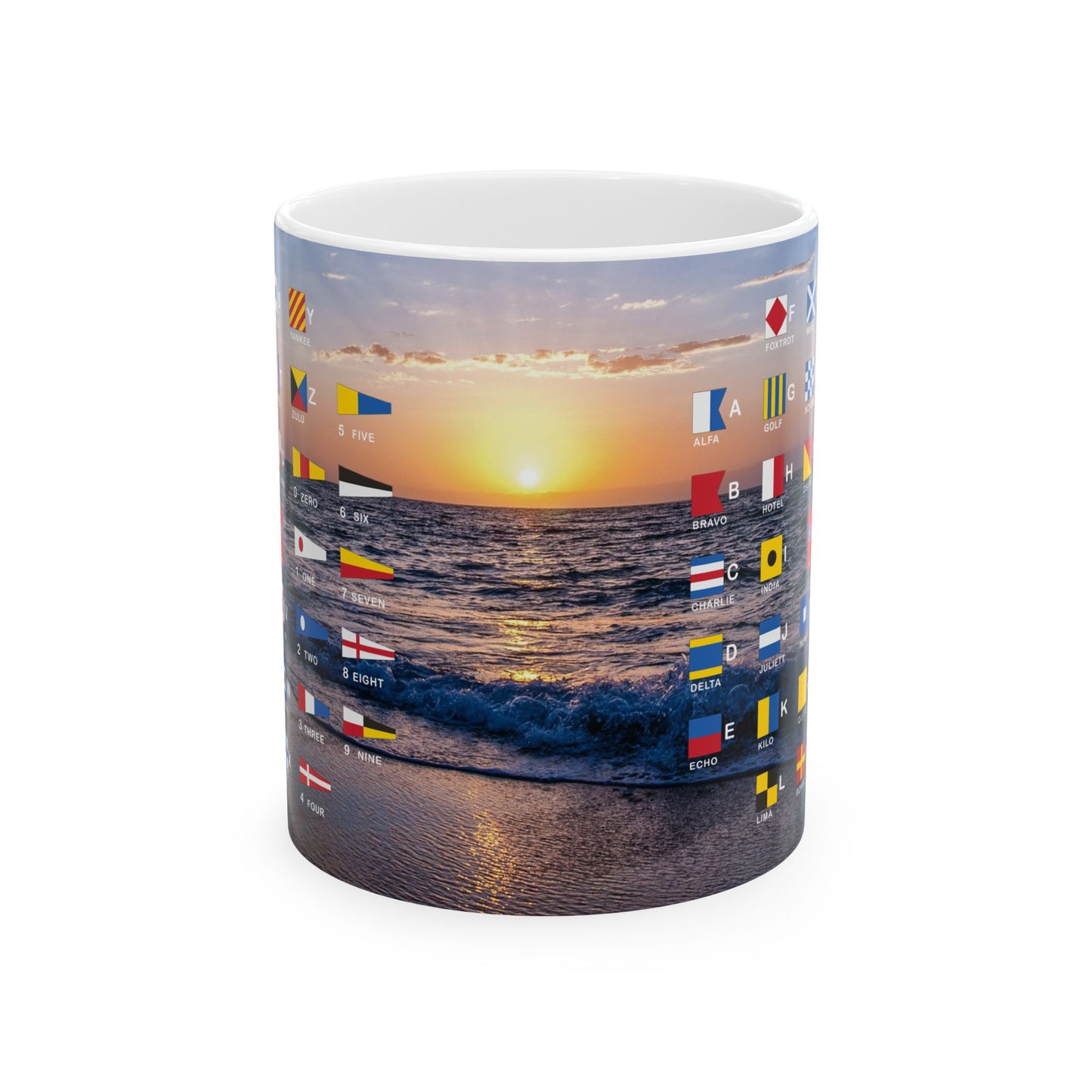 Signal Flag Ceramic Mug, (11oz, 15oz) - All Flags over Beach Scene