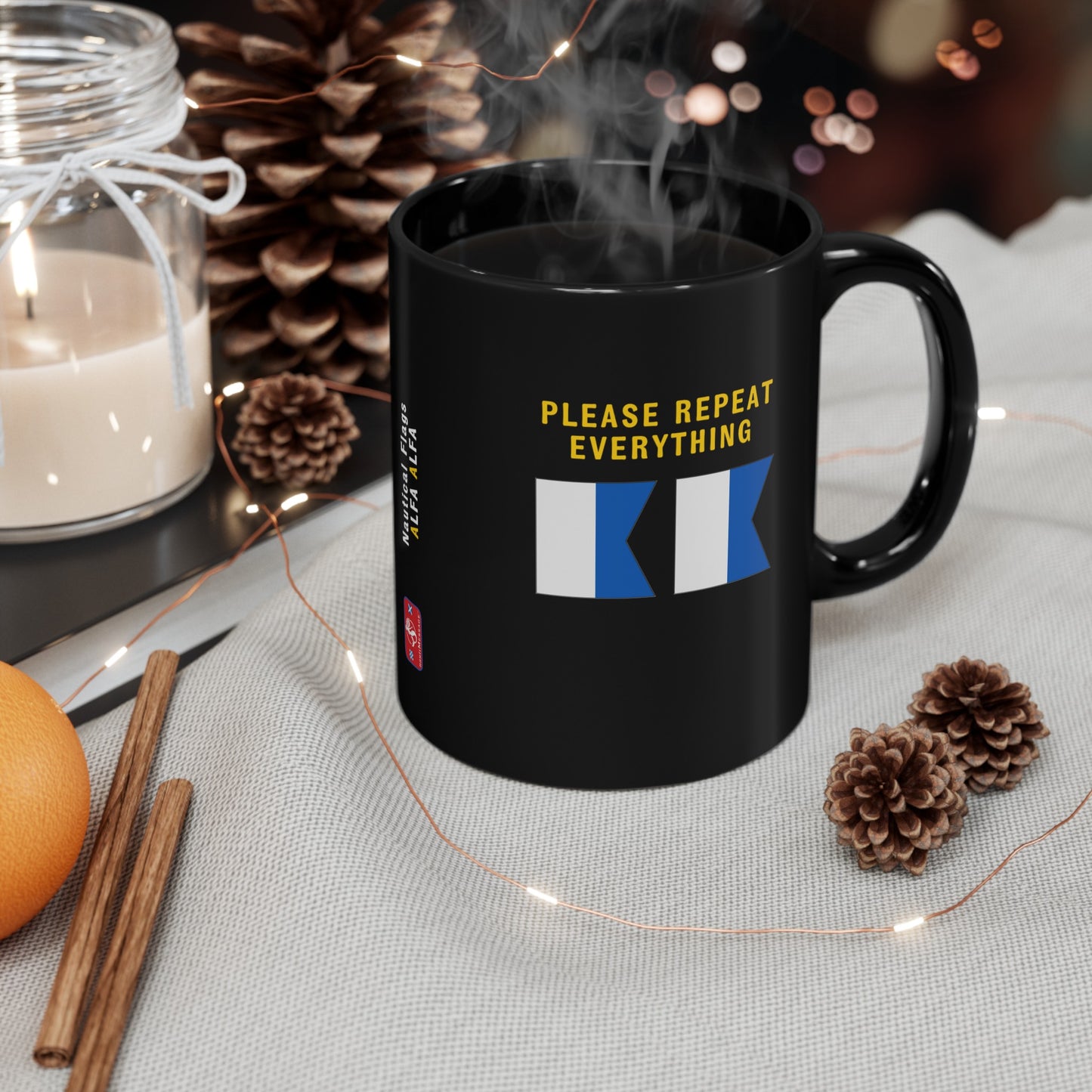 nautiMessage Black Mug - ALFA ALFA - Please Repeat Everything