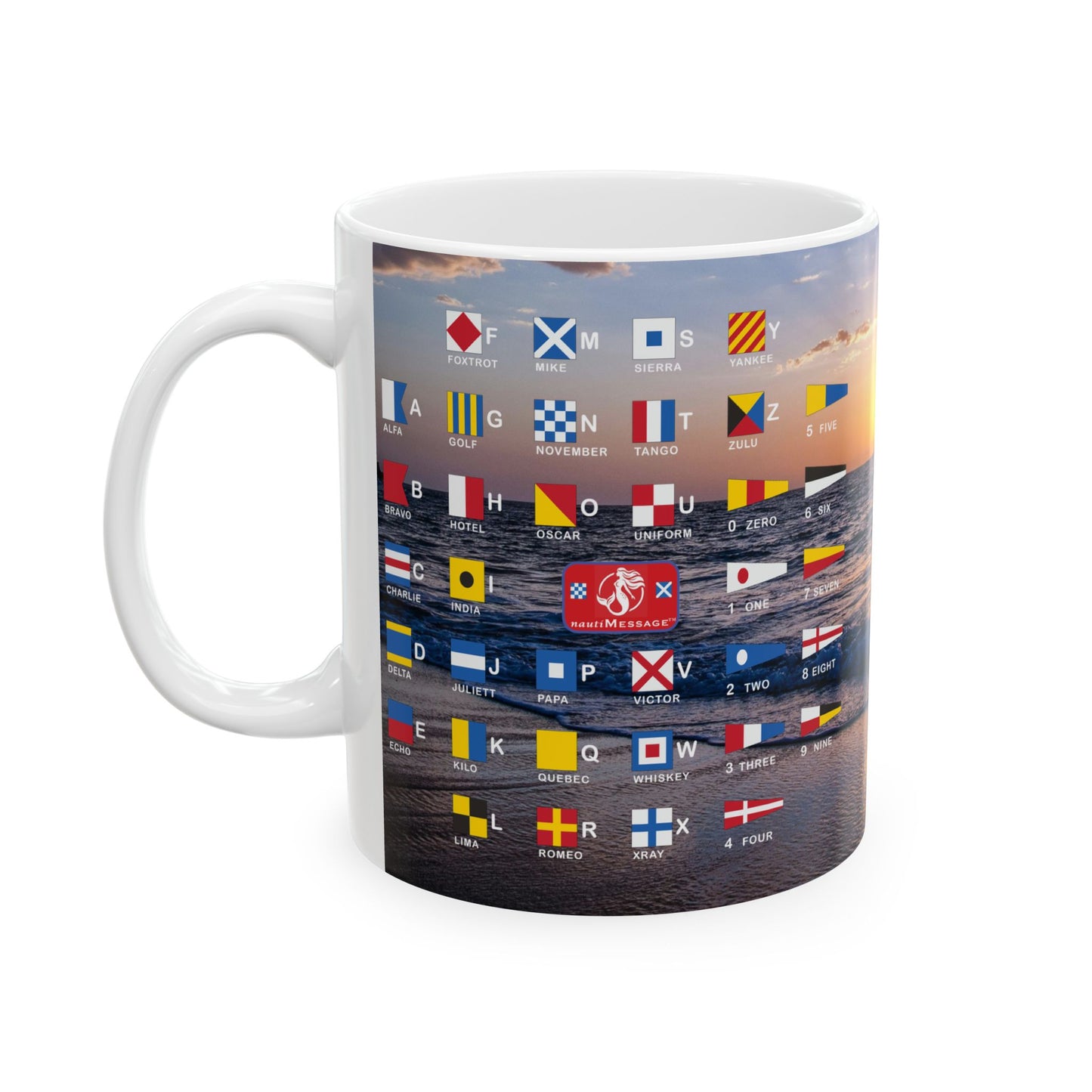 Signal Flag Ceramic Mug, (11oz, 15oz) - All Flags over Beach Scene